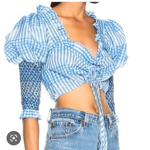 GANNI Blue Plaid Charron Top Crop Longs sleeves blouse Deawstring Front